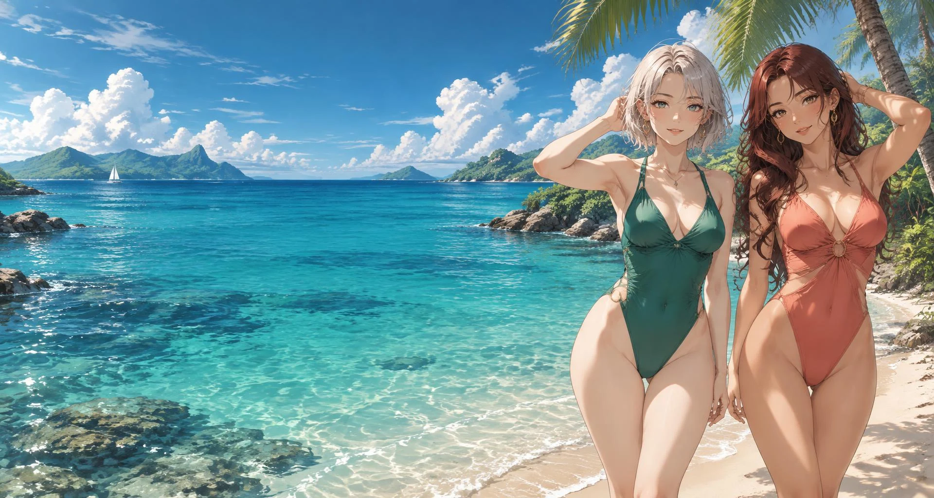 Two adult anime companions by a sunlit tropical bay