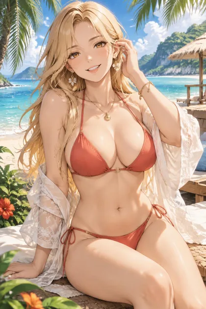 Mika, an adult anime companion beside the tropical sea