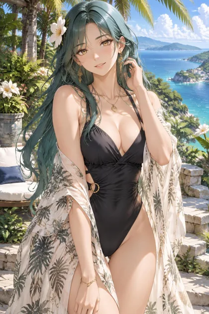 Sora, an adult anime companion beside the tropical sea